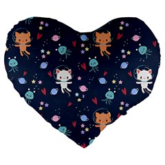 Cute Astronaut Cat With Star Galaxy Elements Seamless Pattern Large 19  Premium Heart Shape Cushions by Wegoenart