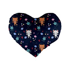 Cute Astronaut Cat With Star Galaxy Elements Seamless Pattern Standard 16  Premium Flano Heart Shape Cushions by Wegoenart