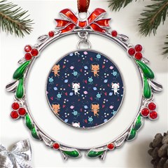 Cute Astronaut Cat With Star Galaxy Elements Seamless Pattern Metal X mas Wreath Ribbon Ornament