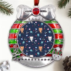 Cute Astronaut Cat With Star Galaxy Elements Seamless Pattern Metal X mas Ribbon With Red Crystal Round Ornament by Wegoenart