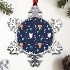 Cute Astronaut Cat With Star Galaxy Elements Seamless Pattern Metal Small Snowflake Ornament