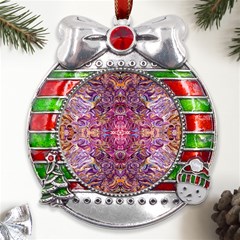 Indian Summer Patterns Metal X mas Ribbon With Red Crystal Round Ornament