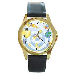 Science Fiction Outer Space Round Gold Metal Watch by Ndabl3x