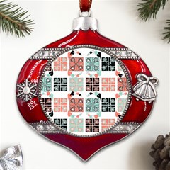 Mint Black Coral Heart Paisley Metal Snowflake And Bell Red Ornament by Ndabl3x