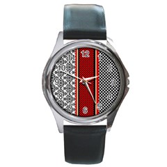 Background Damask Red Black Round Metal Watch by Ndabl3x