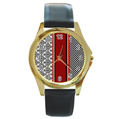 Background Damask Red Black Round Gold Metal Watch by Ndabl3x