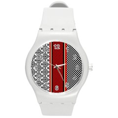 Background Damask Red Black Round Plastic Sport Watch (m) by Ndabl3x