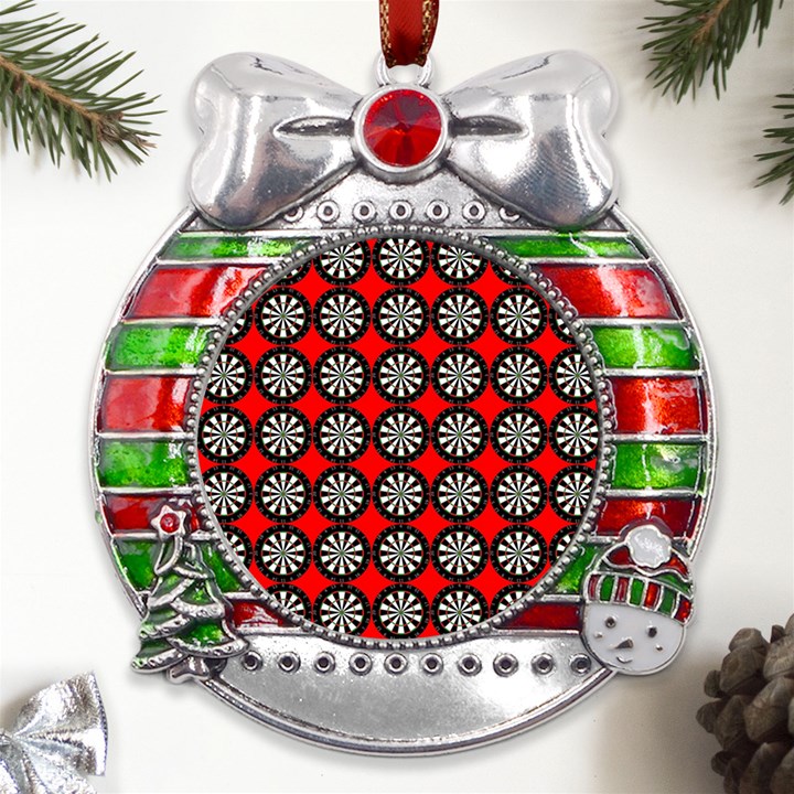 Dart Board Target Game Metal X Mas Ribbon With Red Crystal Round Ornament