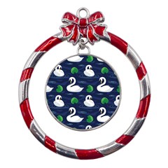 Swan Pattern Elegant Design Metal Red Ribbon Round Ornament by Vaneshart