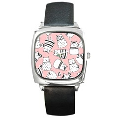 Cute Cats Cartoon Seamless-pattern Square Metal Watch by Vaneshart