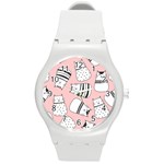 Cute Cats Cartoon Seamless-pattern Round Plastic Sport Watch (M) Front