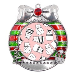 Cute Cats Cartoon Seamless-pattern Metal X mas Ribbon With Red Crystal Round Ornament