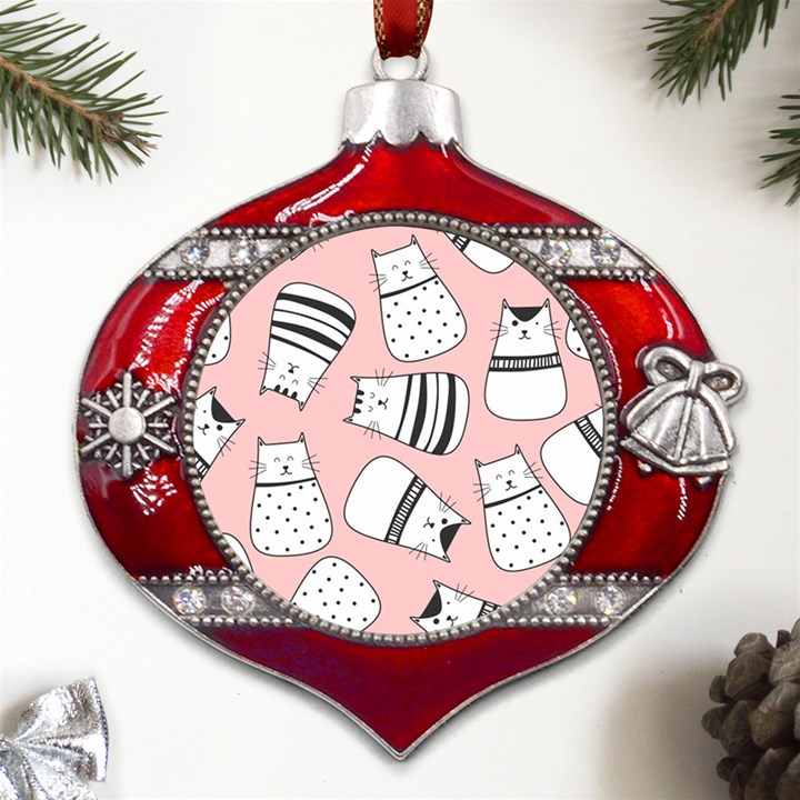 Cute Cats Cartoon Seamless-pattern Metal Snowflake And Bell Red Ornament