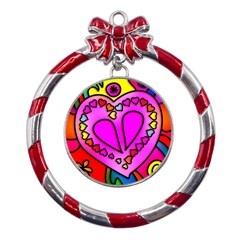 Stained Glass Love Heart Metal Red Ribbon Round Ornament by Vaneshart