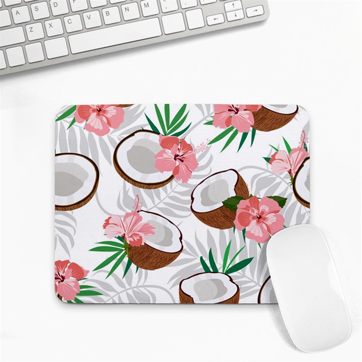 Seamless Pattern Coconut Piece Palm Leaves With Pink Hibiscus Small Mousepad