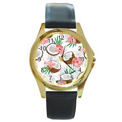 Seamless Pattern Coconut Piece Palm Leaves With Pink Hibiscus Round Gold Metal Watch by Vaneshart