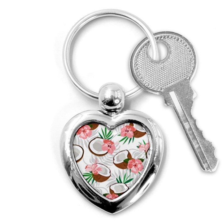 Seamless Pattern Coconut Piece Palm Leaves With Pink Hibiscus Key Chain (Heart)