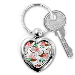 Seamless Pattern Coconut Piece Palm Leaves With Pink Hibiscus Key Chain (heart) by Vaneshart