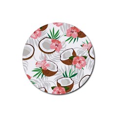 Seamless Pattern Coconut Piece Palm Leaves With Pink Hibiscus Rubber Coaster (round) by Vaneshart