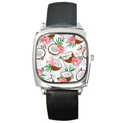 Seamless Pattern Coconut Piece Palm Leaves With Pink Hibiscus Square Metal Watch by Vaneshart