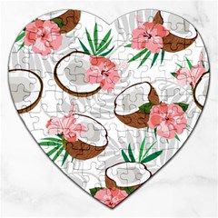 Seamless Pattern Coconut Piece Palm Leaves With Pink Hibiscus Jigsaw Puzzle (heart) by Vaneshart