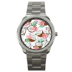 Seamless Pattern Coconut Piece Palm Leaves With Pink Hibiscus Sport Metal Watch by Vaneshart