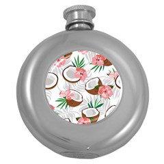 Seamless Pattern Coconut Piece Palm Leaves With Pink Hibiscus Round Hip Flask (5 Oz) by Vaneshart