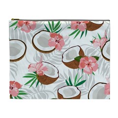 Seamless Pattern Coconut Piece Palm Leaves With Pink Hibiscus Cosmetic Bag (xl) by Vaneshart