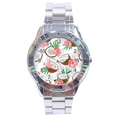 Seamless Pattern Coconut Piece Palm Leaves With Pink Hibiscus Stainless Steel Analogue Watch by Vaneshart