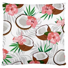 Seamless Pattern Coconut Piece Palm Leaves With Pink Hibiscus Large Cushion Case (one Side) by Vaneshart