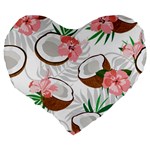 Seamless Pattern Coconut Piece Palm Leaves With Pink Hibiscus Large 19  Premium Heart Shape Cushions Back