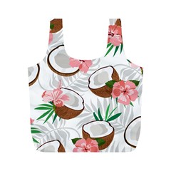 Seamless Pattern Coconut Piece Palm Leaves With Pink Hibiscus Full Print Recycle Bag (m) by Vaneshart