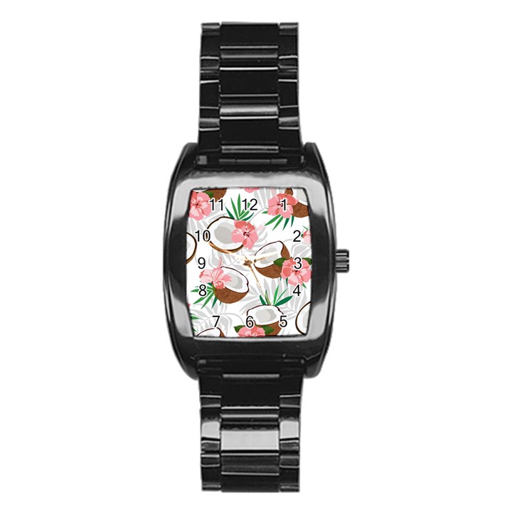 Seamless Pattern Coconut Piece Palm Leaves With Pink Hibiscus Stainless Steel Barrel Watch