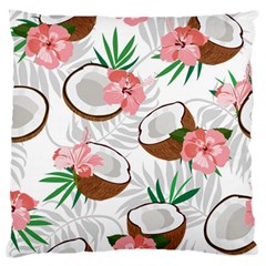 Seamless Pattern Coconut Piece Palm Leaves With Pink Hibiscus Large Premium Plush Fleece Cushion Case (two Sides) by Vaneshart