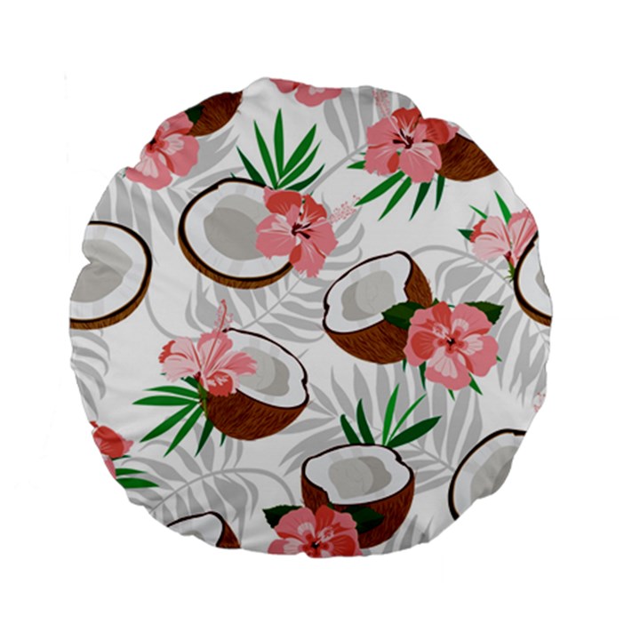 Seamless Pattern Coconut Piece Palm Leaves With Pink Hibiscus Standard 15  Premium Flano Round Cushions