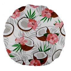 Seamless Pattern Coconut Piece Palm Leaves With Pink Hibiscus Large 18  Premium Flano Round Cushions by Vaneshart