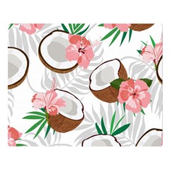 Seamless Pattern Coconut Piece Palm Leaves With Pink Hibiscus Two Sides Premium Plush Fleece Blanket (large) by Vaneshart