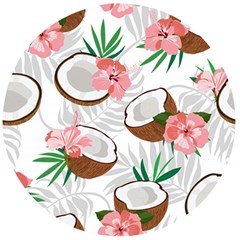 Seamless Pattern Coconut Piece Palm Leaves With Pink Hibiscus Wooden Bottle Opener (round) by Vaneshart