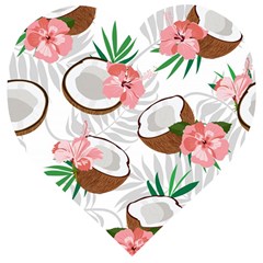 Seamless Pattern Coconut Piece Palm Leaves With Pink Hibiscus Wooden Puzzle Heart