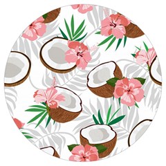 Seamless Pattern Coconut Piece Palm Leaves With Pink Hibiscus Round Trivet by Vaneshart