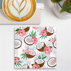 Seamless Pattern Coconut Piece Palm Leaves With Pink Hibiscus Uv Print Square Tile Coaster  by Vaneshart