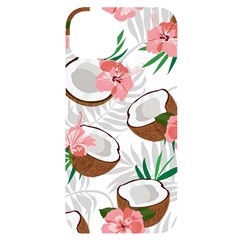 Seamless Pattern Coconut Piece Palm Leaves With Pink Hibiscus Iphone 14 Plus Black Uv Print Case by Vaneshart