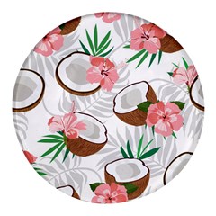 Seamless Pattern Coconut Piece Palm Leaves With Pink Hibiscus Round Glass Fridge Magnet (4 Pack) by Vaneshart