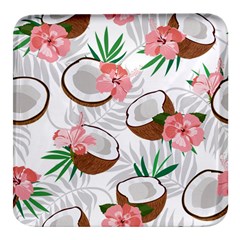 Seamless Pattern Coconut Piece Palm Leaves With Pink Hibiscus Square Glass Fridge Magnet (4 Pack) by Vaneshart