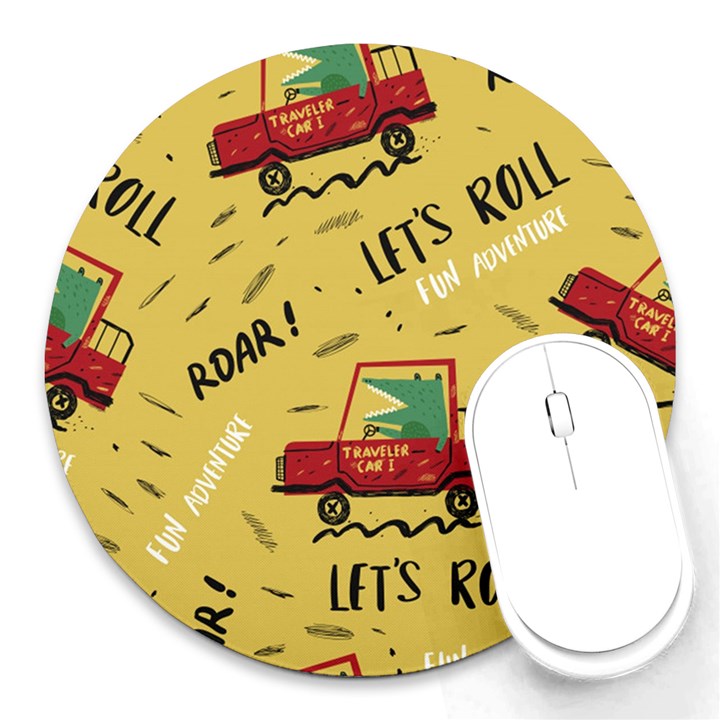 Childish-seamless-pattern-with-dino-driver Round Mousepad