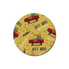 Childish-seamless-pattern-with-dino-driver Rubber Round Coaster (4 Pack) by Vaneshart