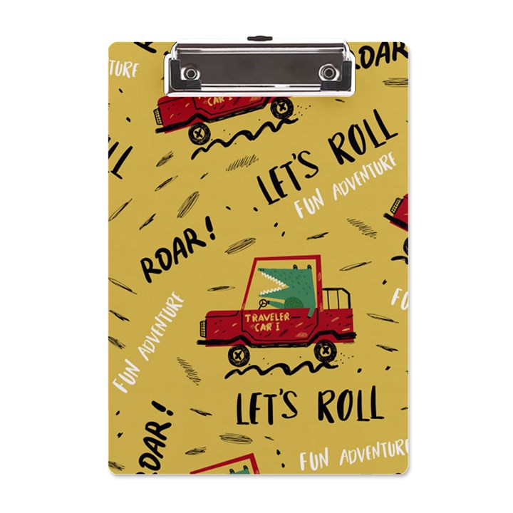 Childish-seamless-pattern-with-dino-driver A5 Acrylic Clipboard