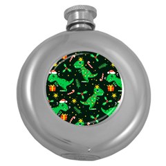 Christmas-funny-pattern Dinosaurs Round Hip Flask (5 Oz) by Vaneshart