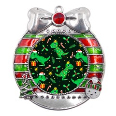 Christmas-funny-pattern Dinosaurs Metal X mas Ribbon With Red Crystal Round Ornament