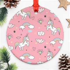 Cute-unicorn-seamless-pattern Round Ornament (two Sides)